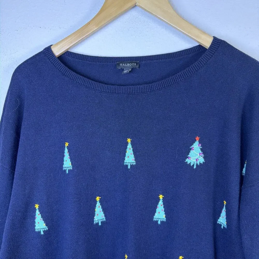 Talbots Womens Christmas Tree Sweater Navy Blue XL ugly holiday embroidered - Picture 5 of 11